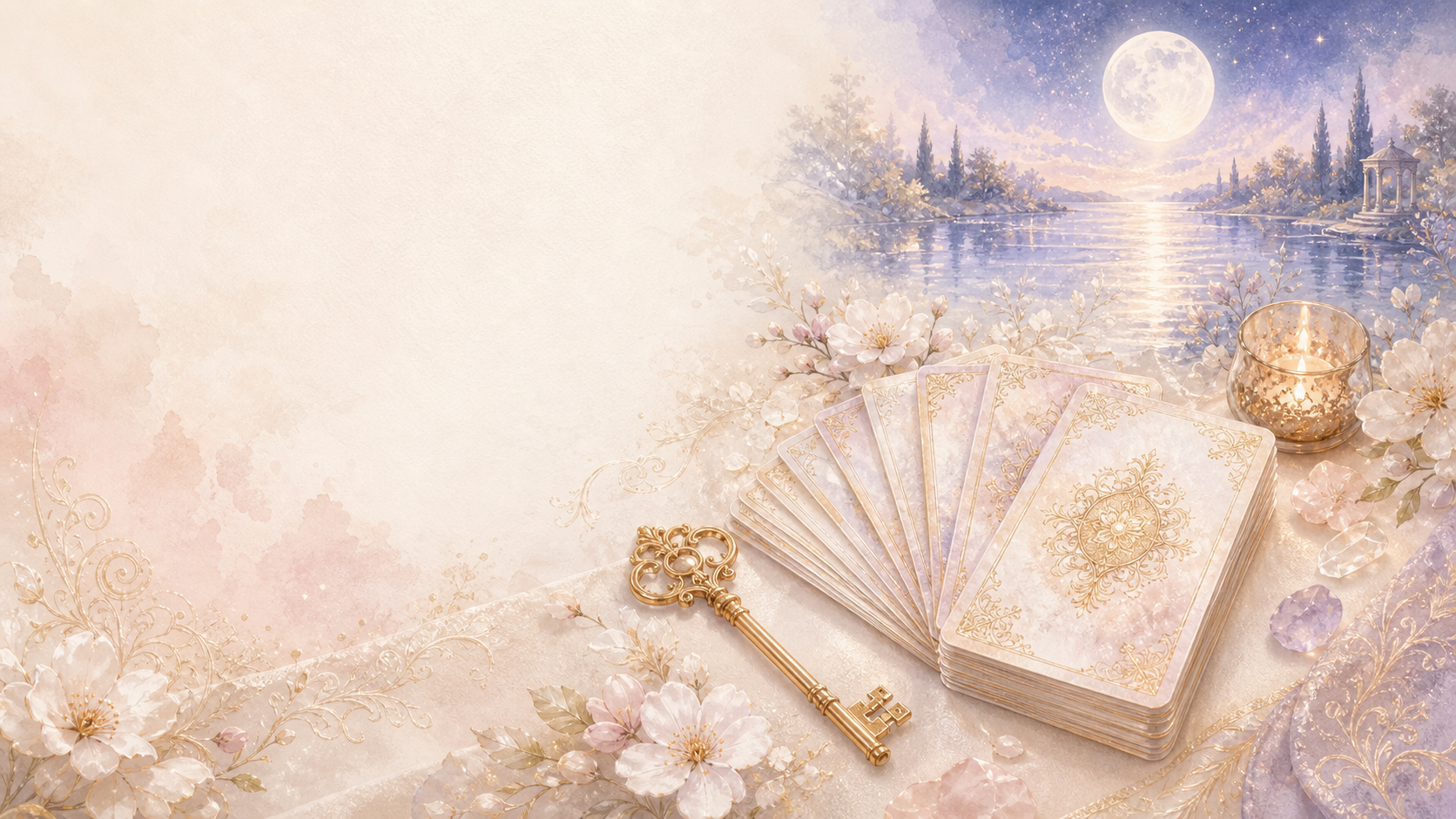 Mesa delicada com cartas, flores, chave dourada e lago lunar